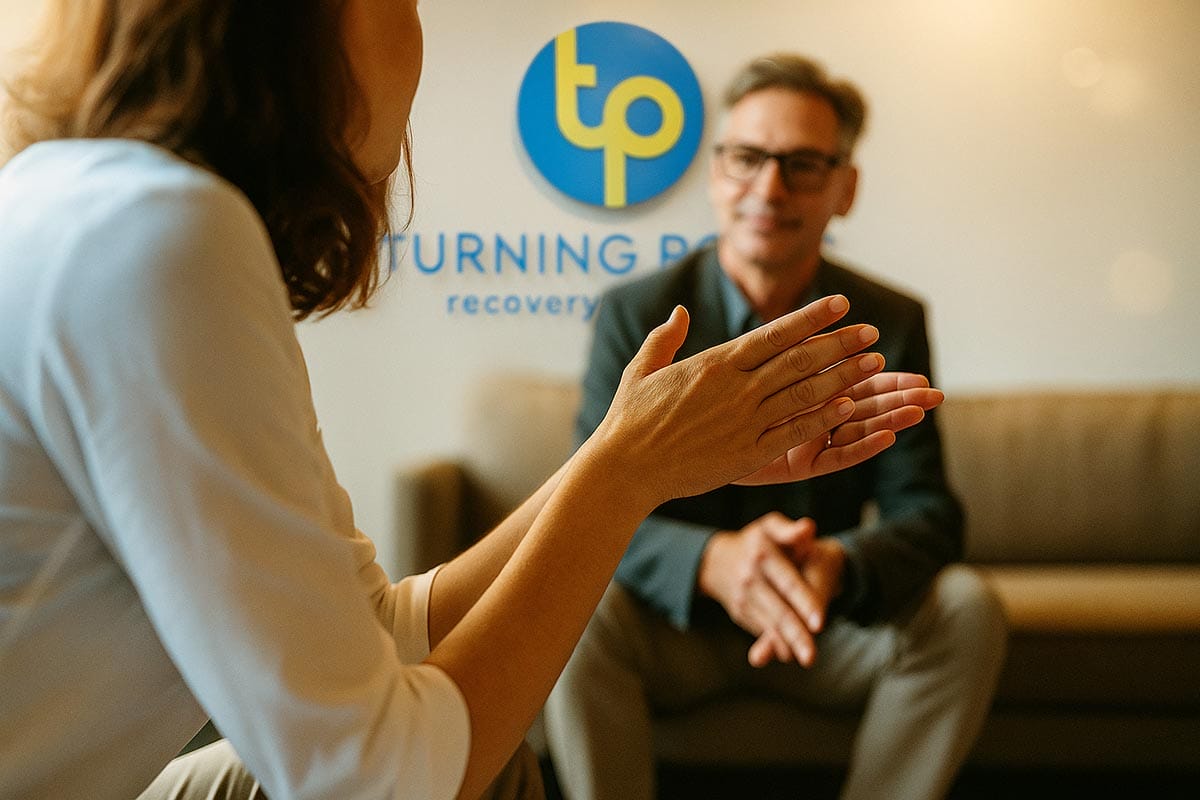 People talking in Turning Point lobby