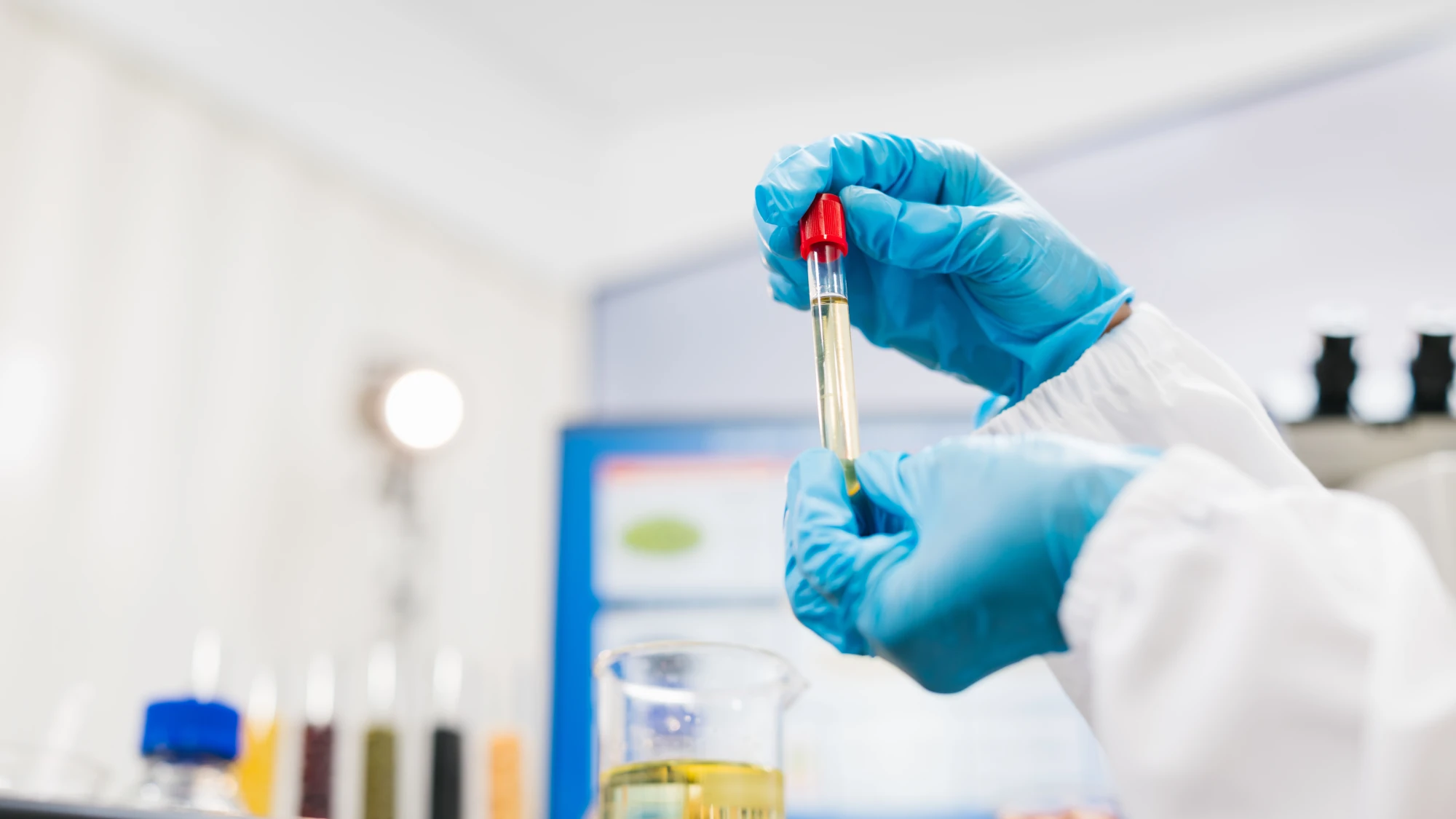 Urine drug test cup with results panel used in HEB drug testing.
