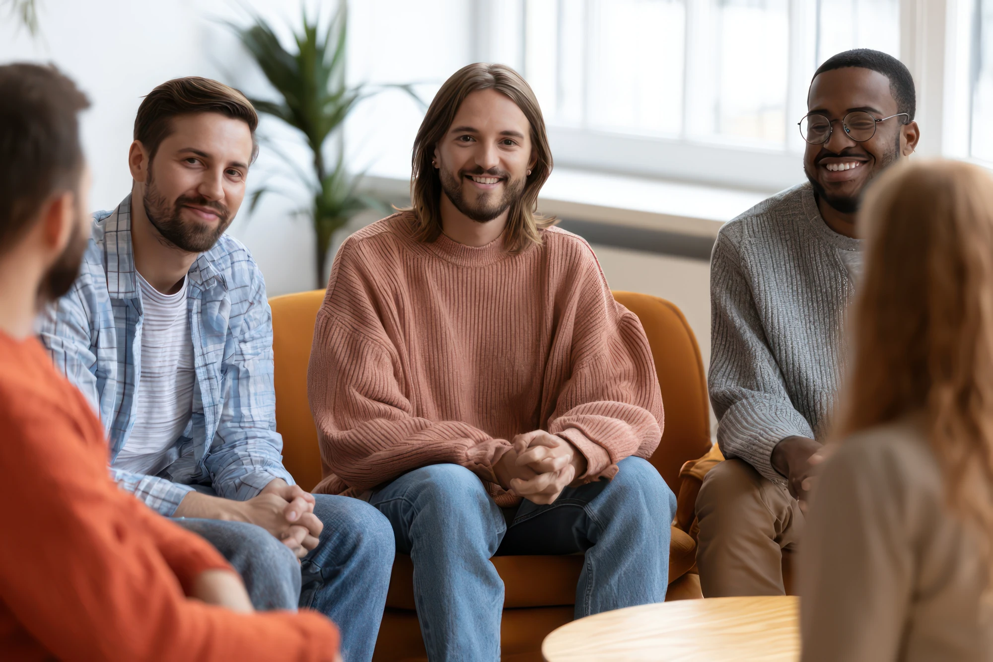 Group therapy session during alcohol rehab for HEB employees.